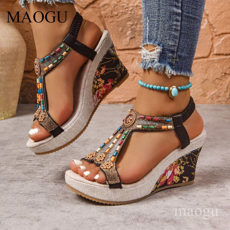 Ethnic And Fashion - Boho Beaded Floral Wedge Sandals for